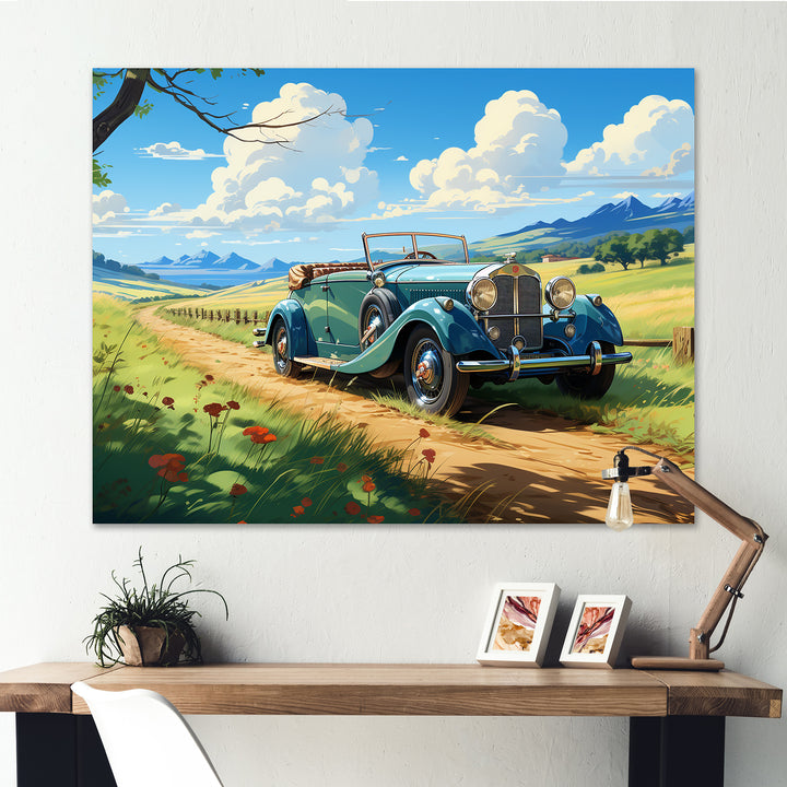 Green Classic American Car on a Lush Green Meadow - Car Old American Canvas Wall Art