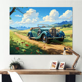Green Classic American Car on a Lush Green Meadow - Car Old American Canvas Wall Art
