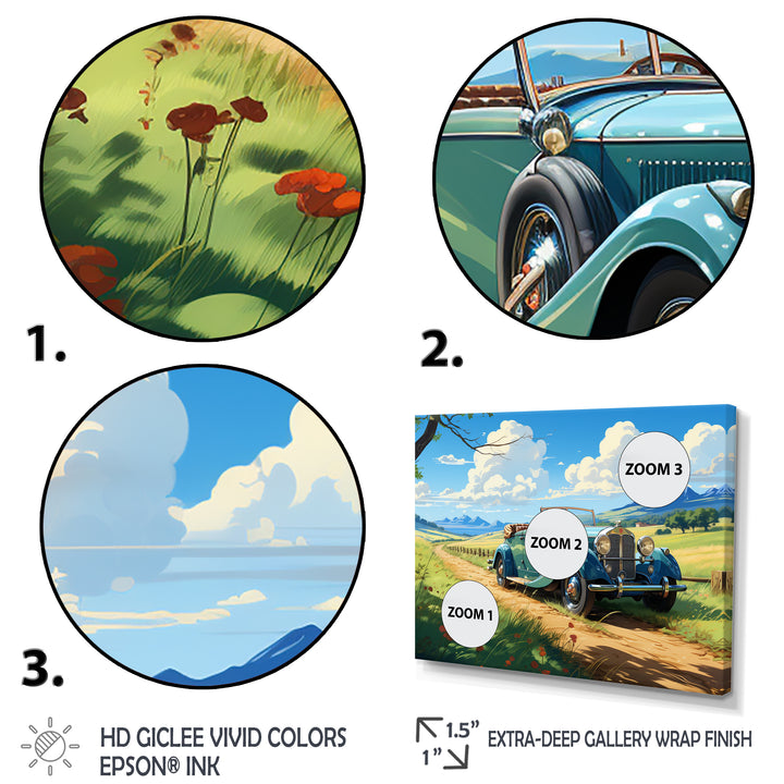 Green Classic American Car on a Lush Green Meadow - Car Old American Canvas Wall Art