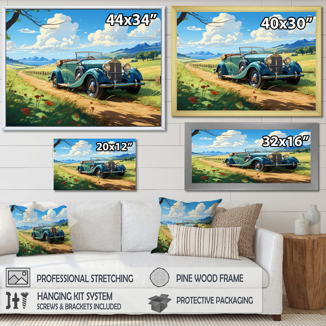 Green Classic American Car on a Lush Green Meadow - Car Old American Canvas Wall Art