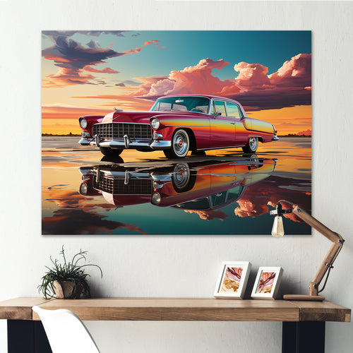 Orange and pink classic American car on the beach - Car Old American Canvas Wall Art