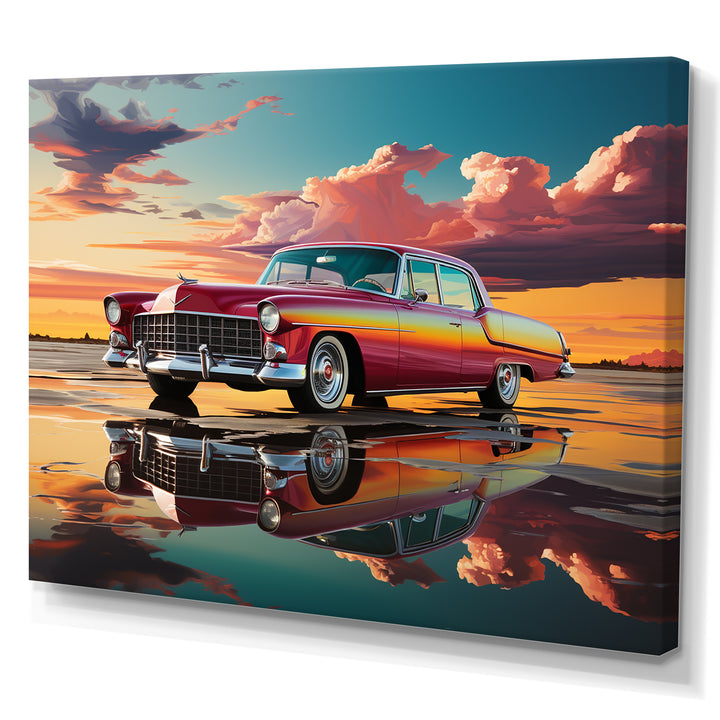 Orange and pink classic American car on the beach - Car Old American Canvas Wall Art