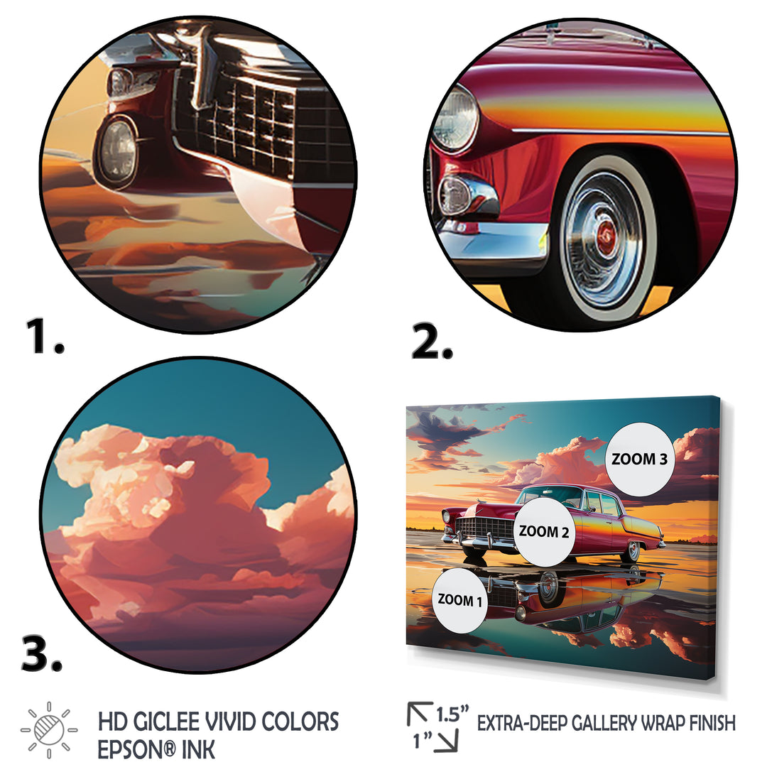 Orange and pink classic American car on the beach - Car Old American Canvas Wall Art