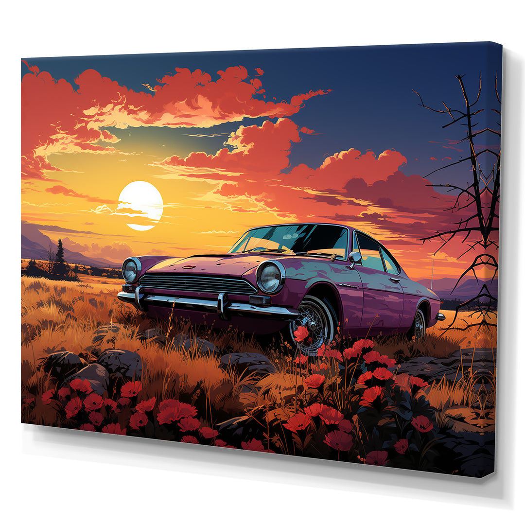 Pink and yellow Classic American Car sunset meadows - Car Old American Canvas Wall Art