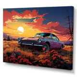 Pink and yellow Classic American Car sunset meadows - Car Old American Canvas Wall Art