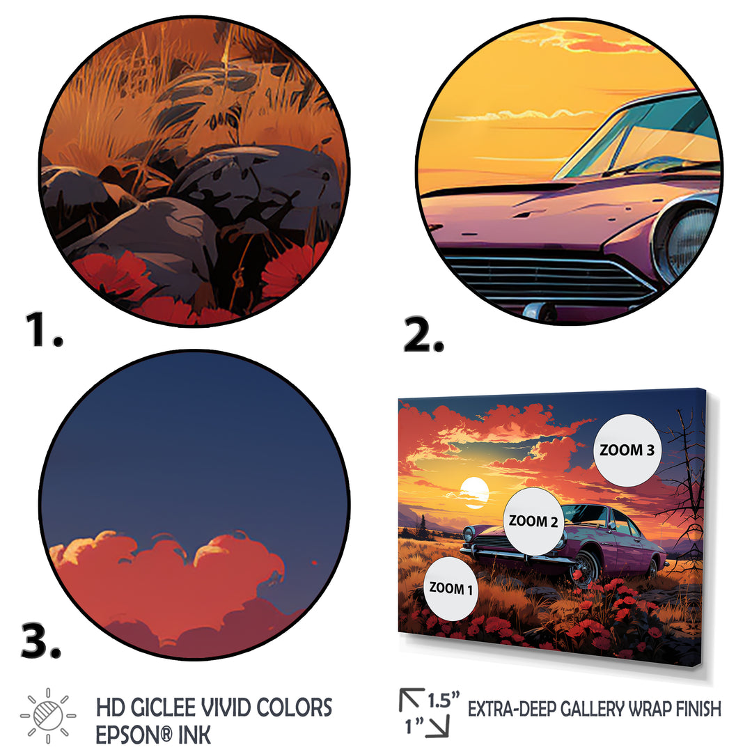 Pink and yellow Classic American Car sunset meadows - Car Old American Canvas Wall Art