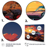 Pink and yellow Classic American Car sunset meadows - Car Old American Canvas Wall Art