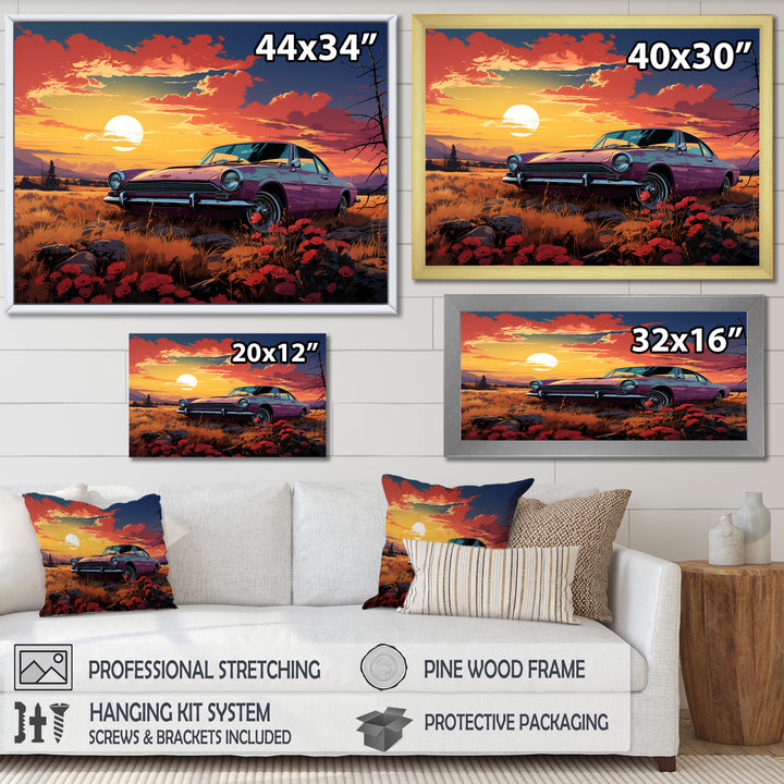 Pink and yellow Classic American Car sunset meadows - Car Old American Canvas Wall Art