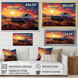 Pink and yellow Classic American Car sunset meadows - Car Old American Canvas Wall Art