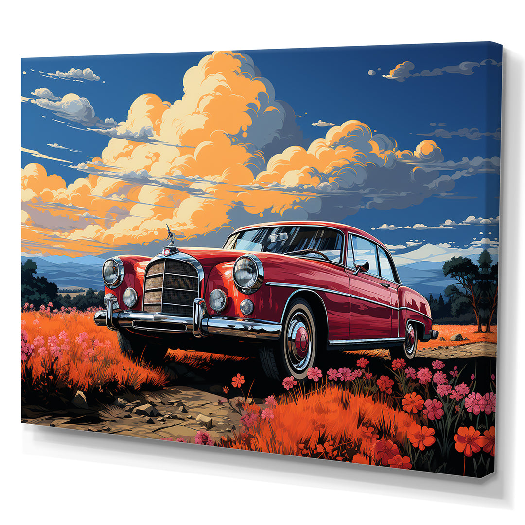 Vintage Escape Classic Car Among orange Blooms - Car Old American Canvas Wall Art