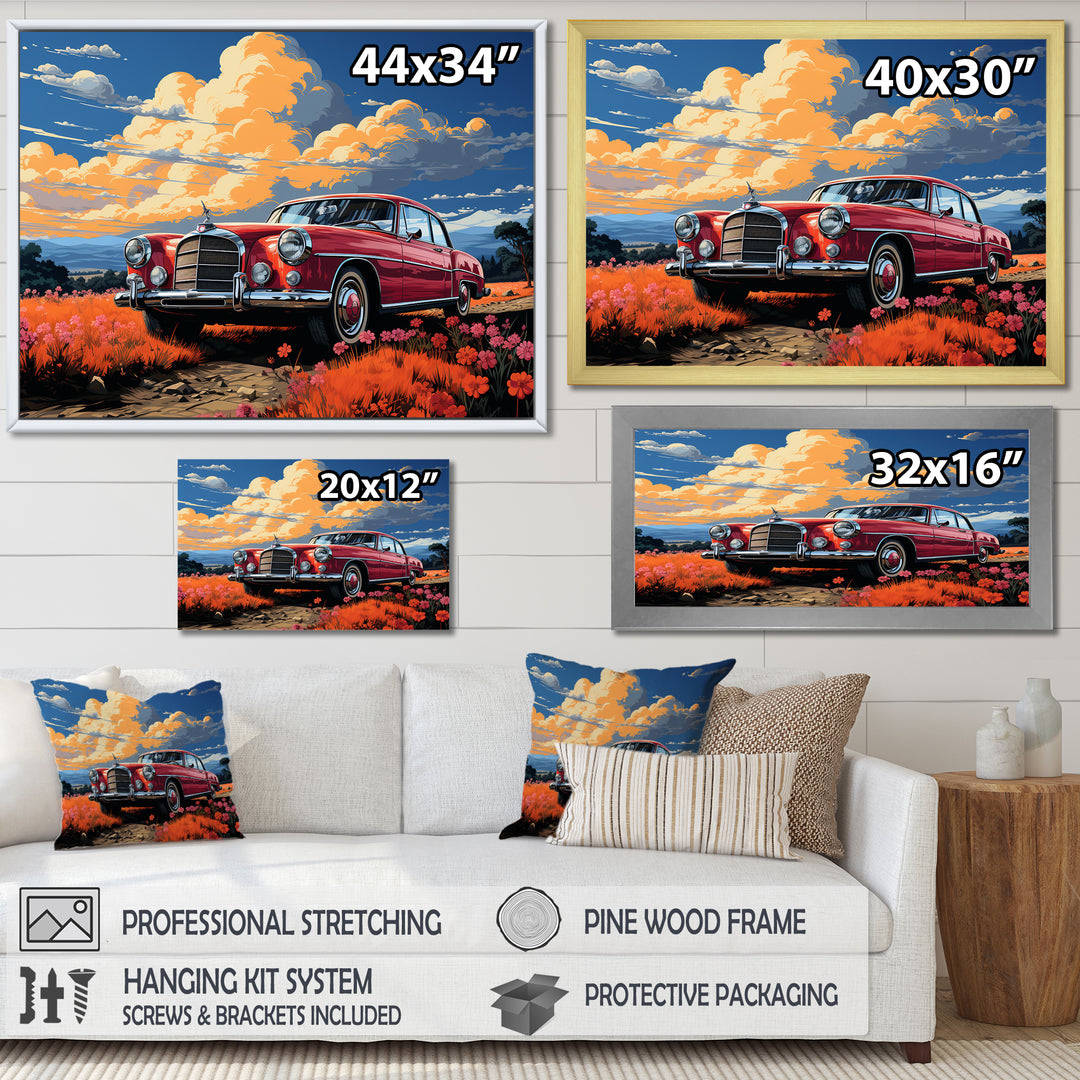 Vintage Escape Classic Car Among orange Blooms - Car Old American Canvas Wall Art