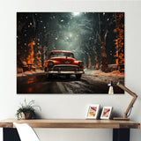 Red Classic American Car winter snow - Car Old American Canvas Wall Art