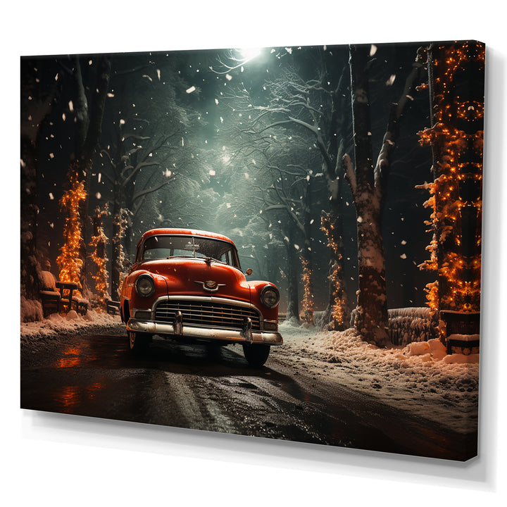 Red Classic American Car winter snow - Car Old American Canvas Wall Art