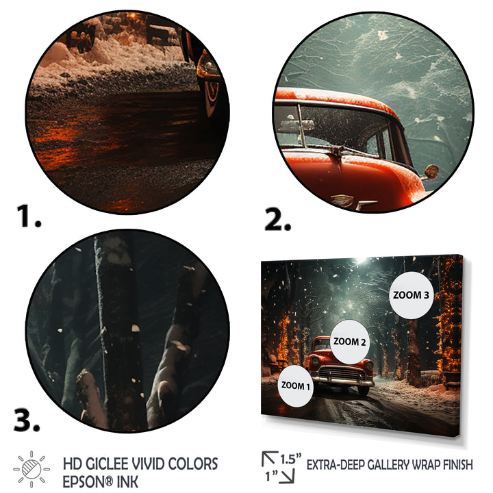 Red Classic American Car winter snow - Car Old American Canvas Wall Art