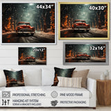 Red Classic American Car winter snow - Car Old American Canvas Wall Art