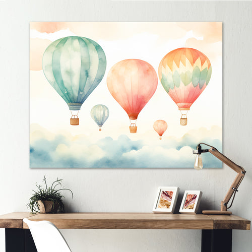 Green and red watercolor Hot Air Balloon horizon I - Hot Air Balloon Canvas Wall Art