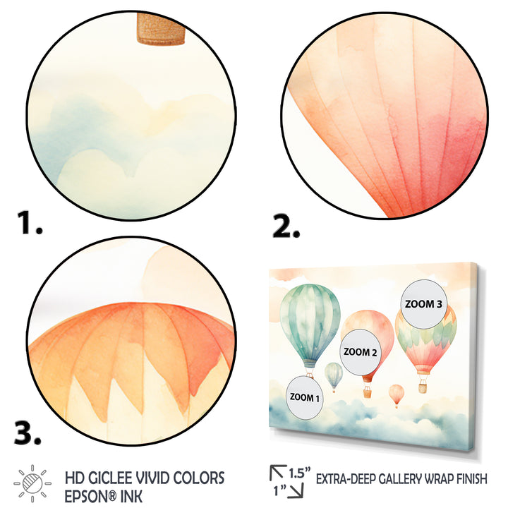Green and red watercolor Hot Air Balloon horizon I - Hot Air Balloon Canvas Wall Art