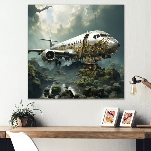 Green crashed Plane in the jungle - Plane Canvas Wall Art