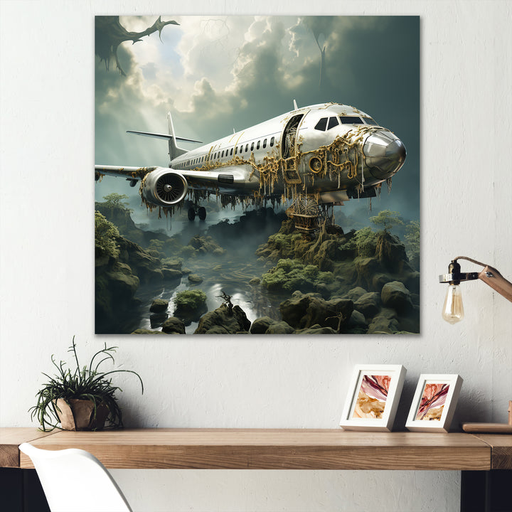Green crashed Plane in the jungle - Plane Canvas Wall Art