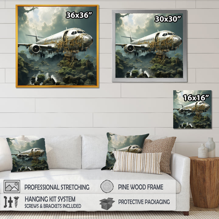 Green crashed Plane in the jungle - Plane Canvas Wall Art