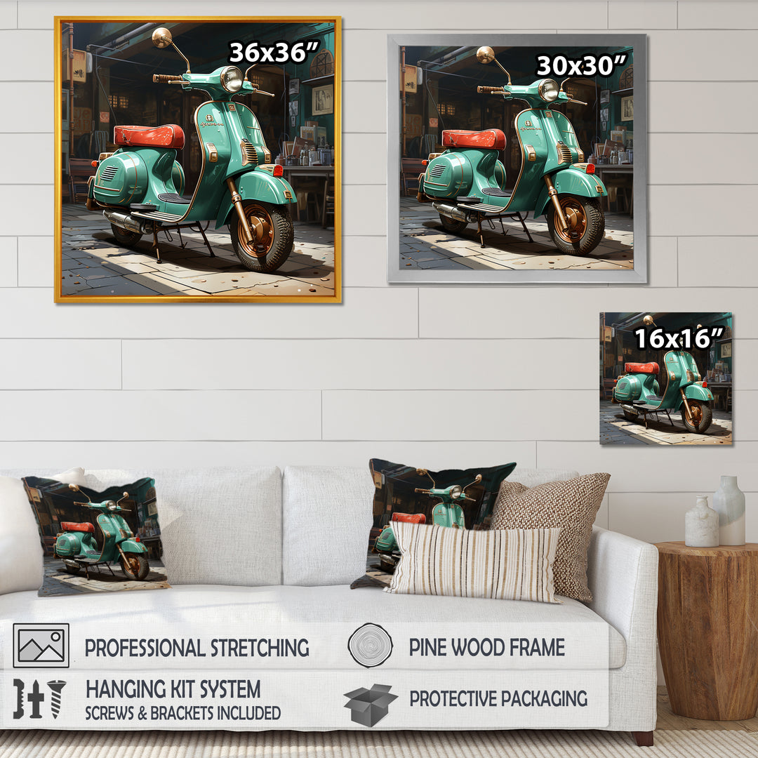 Green Scotter on the streets - Scooter Canvas Wall Art