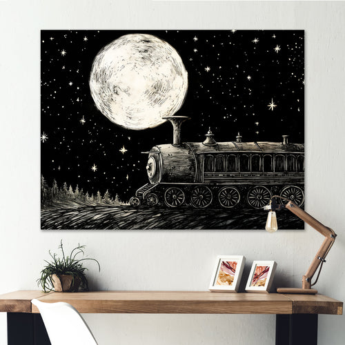 Black and white train at night I - Transportation Train Canvas Wall Art