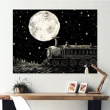 Black and white train at night I - Transportation Train Canvas Wall Art