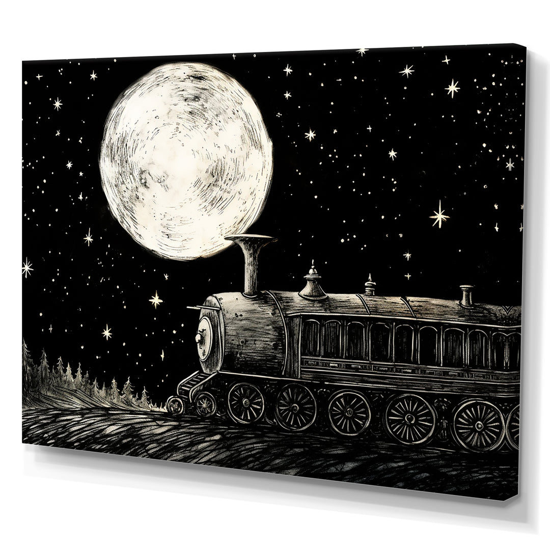 Black and white train at night I - Transportation Train Canvas Wall Art