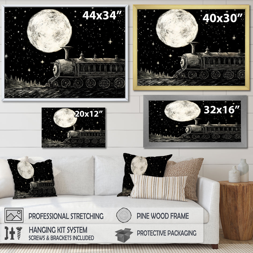 Black and white train at night I - Transportation Train Canvas Wall Art