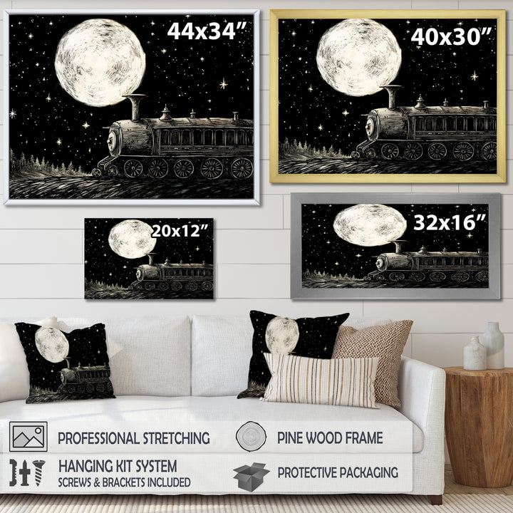 Black and white train at night I - Transportation Train Canvas Wall Art