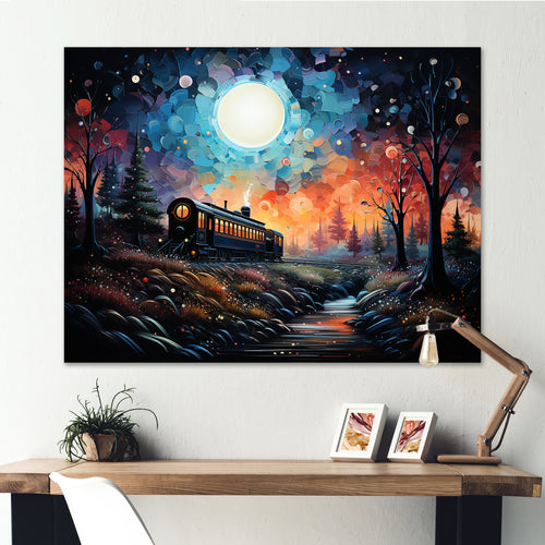 Orange moonlight countryside Train Journey I - Transportation Train Canvas Wall Art