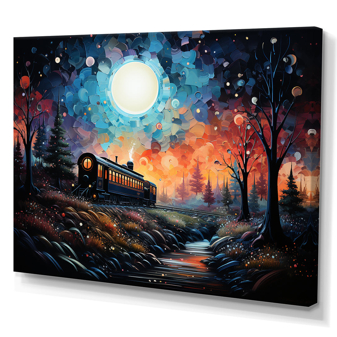 Orange moonlight countryside Train Journey I - Transportation Train Canvas Wall Art
