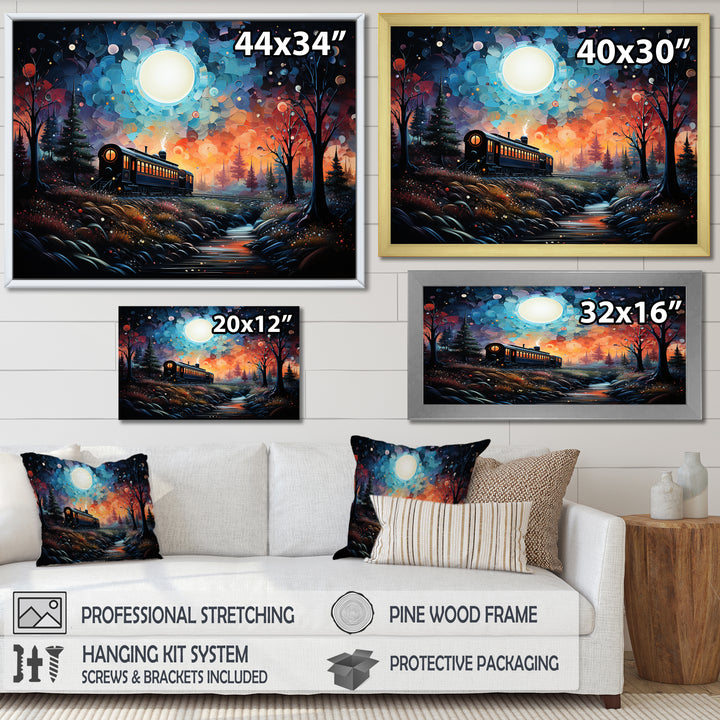 Orange moonlight countryside Train Journey I - Transportation Train Canvas Wall Art