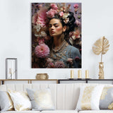 Floral Pink and blue Mexican Portrait II - Fashion Canvas Wall Art