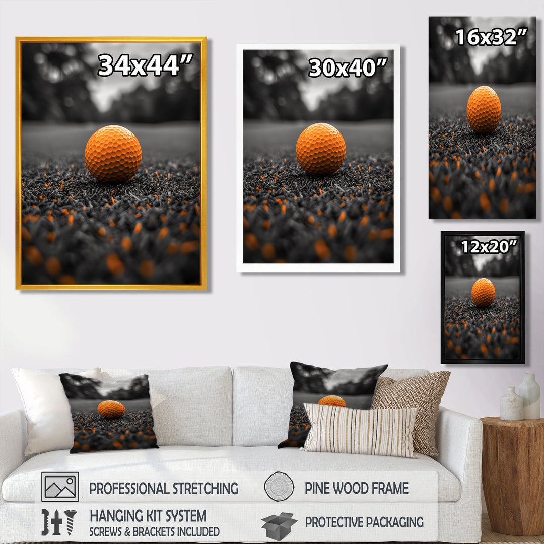 Monochrome Orange Grey Golf Ball I - Golf Canvas Wall Art