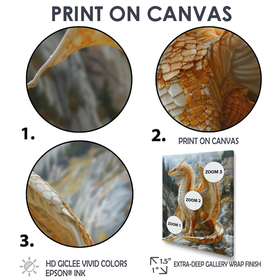 Yellow white Golden Wings Dragon - Dragons Large Canvas Wall Art