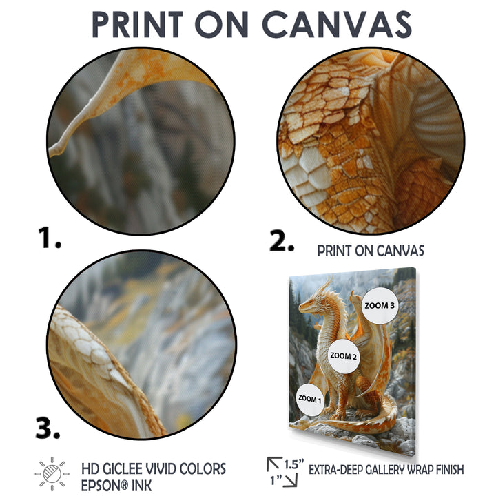 Yellow white Golden Wings Dragon - Dragons Large Canvas Wall Art