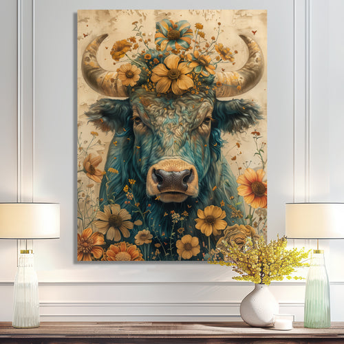 Vintage floral green Taurus portrait - Green Taurus Wall Art