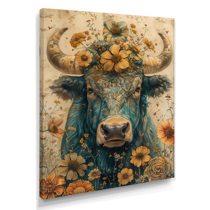 Vintage floral green Taurus portrait - Green Taurus Wall Art