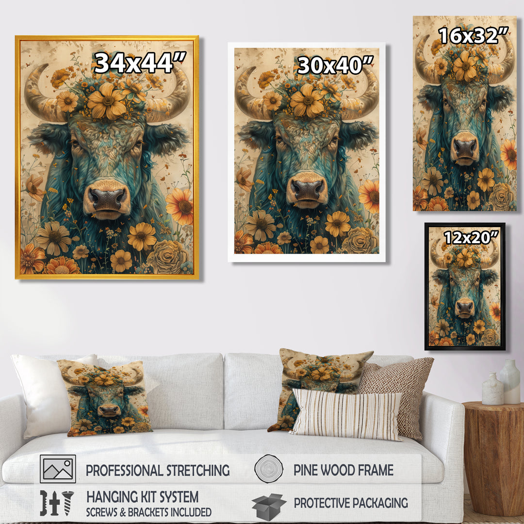 Vintage floral green Taurus portrait - Green Taurus Wall Art
