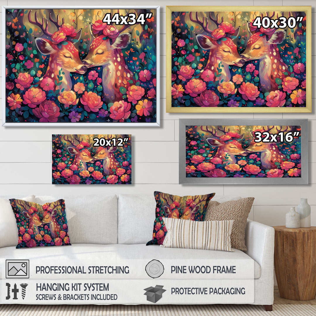 Pink green floral deer forest - Deer Framed Canvas Art