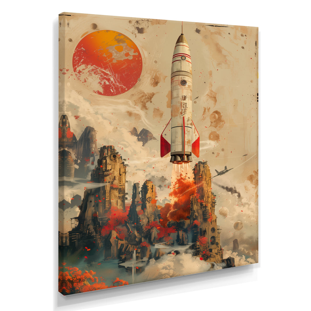 Orange Rocket in space I - Rocket Canvas Wall Art