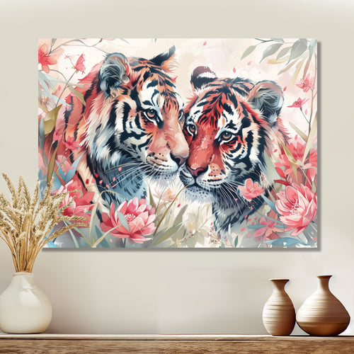 White pink tigers flowers meadows - Tiger Framed Canvas Art