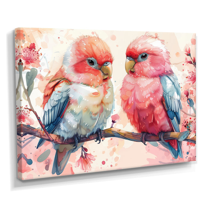Pink blue parrots on a floral branch - Parrot Living Room Wall Art