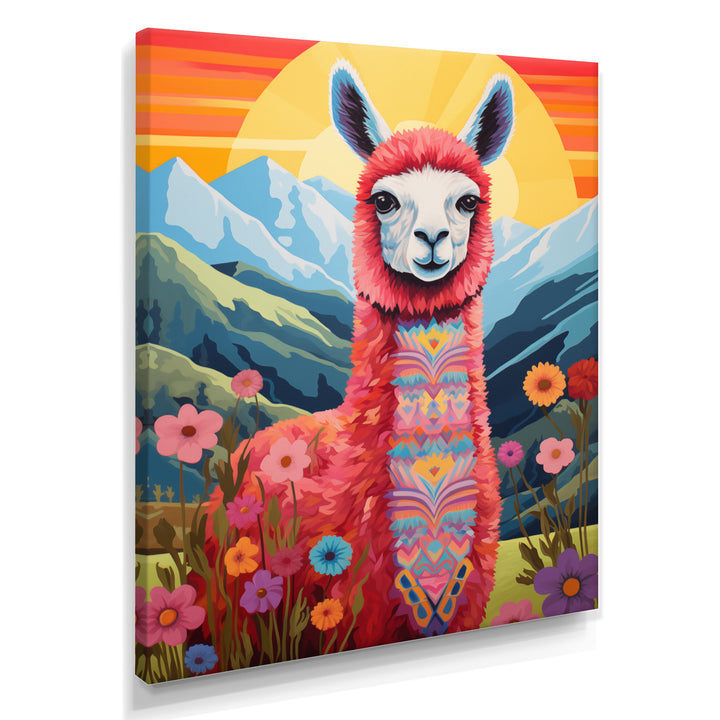 Pink Alpaca in Chile mountain blooms landscape - Llama Wall Decor