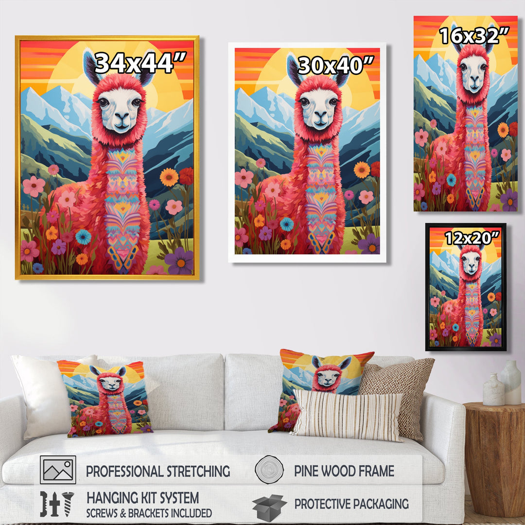 Pink Alpaca in Chile mountain blooms landscape - Llama Wall Decor