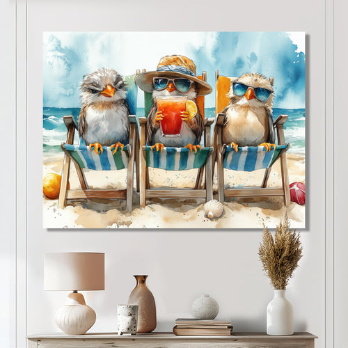 Canaries On The Beach Lounging Chair - Coastal Animal Living Room Wall Art