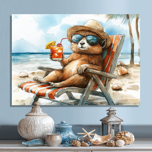 Chinchilla On The Beach Lounging - Coastal Animal Canvas Wall Art