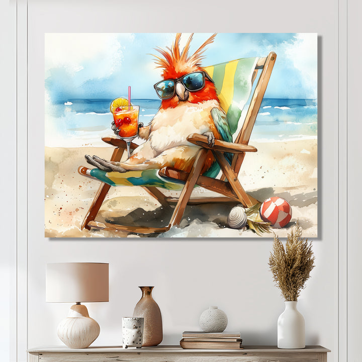 Cockatiel On The Beach Lounging - Coastal Animal Canvas Wall Art
