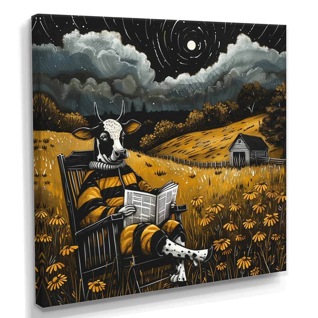 Cow Reading In The Meadow On A Rocking Chair - Cow Wall Decor